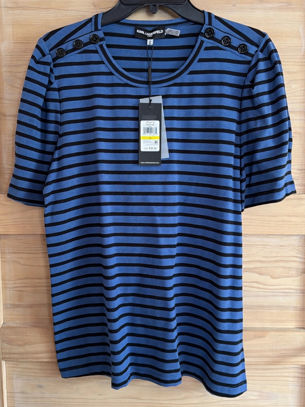 Karl Lagerfeld Blue and Black Striped Button-Shoulder Short Sleeve Top